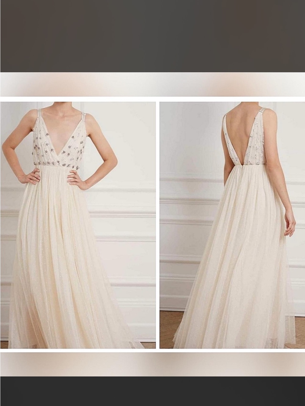 Needle & Thread Ivory Beaded V-Neck Tulle Maxi Dress